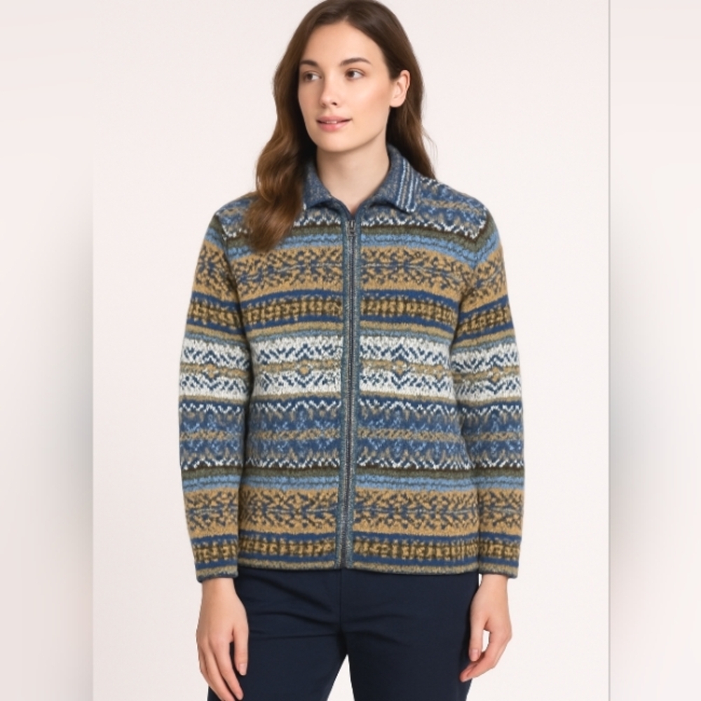 90's Tiara International Fair Isle Cardigan Zipper Closure M Nordic Heritage Vtg
